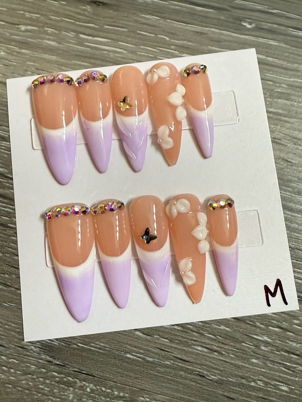 Lavender Ombre Press-On Nails with Rhinestones and 3D Accents